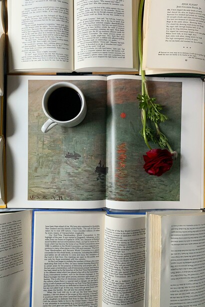 Different types of books, open on a table, with a painting of Monet on display and a cup of tea and a red rose, refined composition