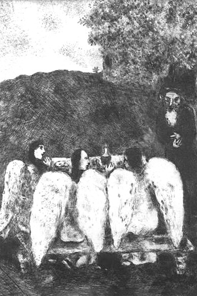 Marc Chagall, Tres ángeles visitan a Abraham (Génesis, XVIII, 18), Serie Grabados para la Biblia (1956)