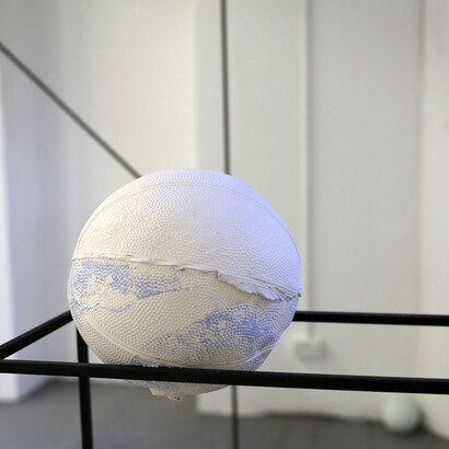 Emily Hawes, Basket ball, plaster and steel, 2014