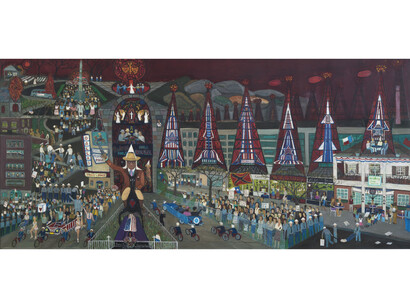 Ralph Fasanella, American Tragedy, 1964, oil on canvas, collection of John and Susan Jerit, image courtesy Andrew Edlin Gallery. © 1964, Estate of Ralph Fasanella