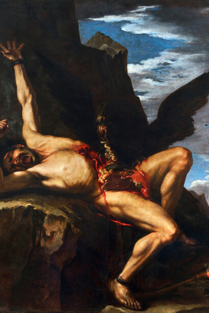 Per volere di Zeus ogni giorno, per l’eternità, un’aquila dilania il fegato di Prometeo incatenato ad una rupe del Caucaso