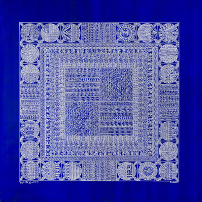 Rachid Koraïchi,
Les ailes bleues des Anges, 2022.
Acrylic on canvas,
150 x 150 cm.
© Rachid Koraïchi and Factum Arte.
Courtesy the Artist, October Gallery and Factum Arte.
Photo © Oak Taylor Smith