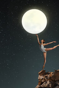 A ballerina gracefully holding the moon aloft