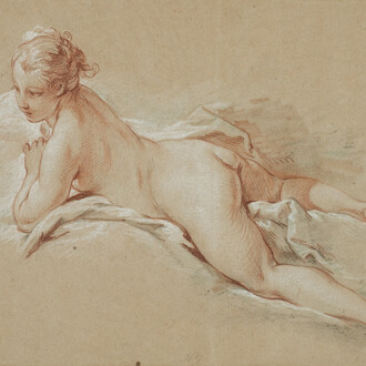 15. François Boucher, Femme nue allongée, vers 1740. Sanguine, pierre noire et craie blanche sur papier crème.© The Horvitz Collection – Photo : M.Gould