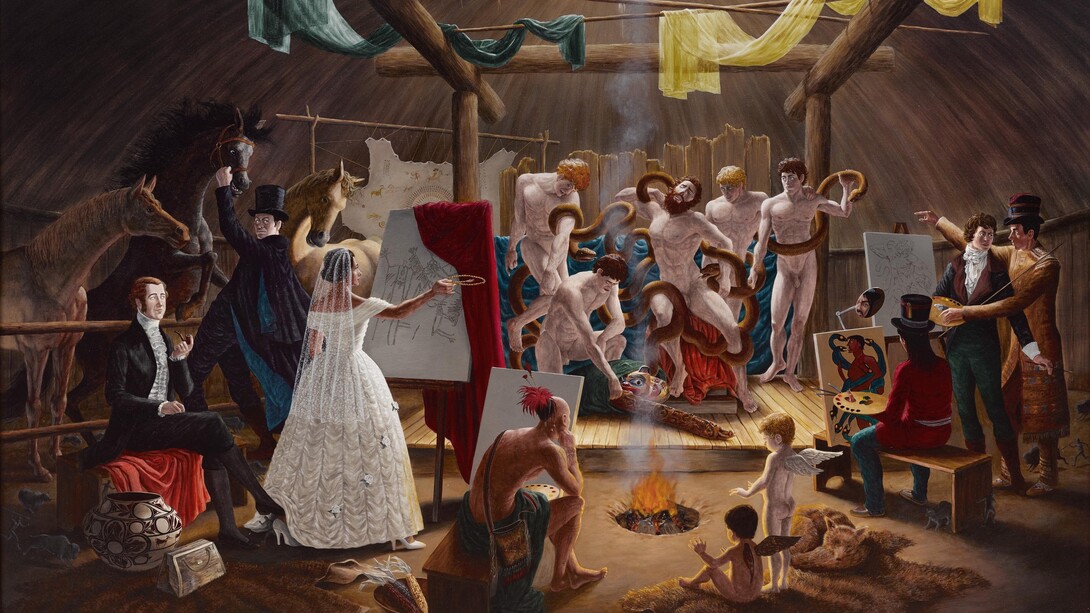 Kent Monkman, The academy (detail), 2008. Acrylic on canvas, Framed: 205.7 x 297.2 cm. Art Gallery of Ontario. Purchased, with the assistance of the David Yuile and Mary Elizabeth Hodgson Fund, 2008. © Kent Monkman. Photo: AGO. 2008/11