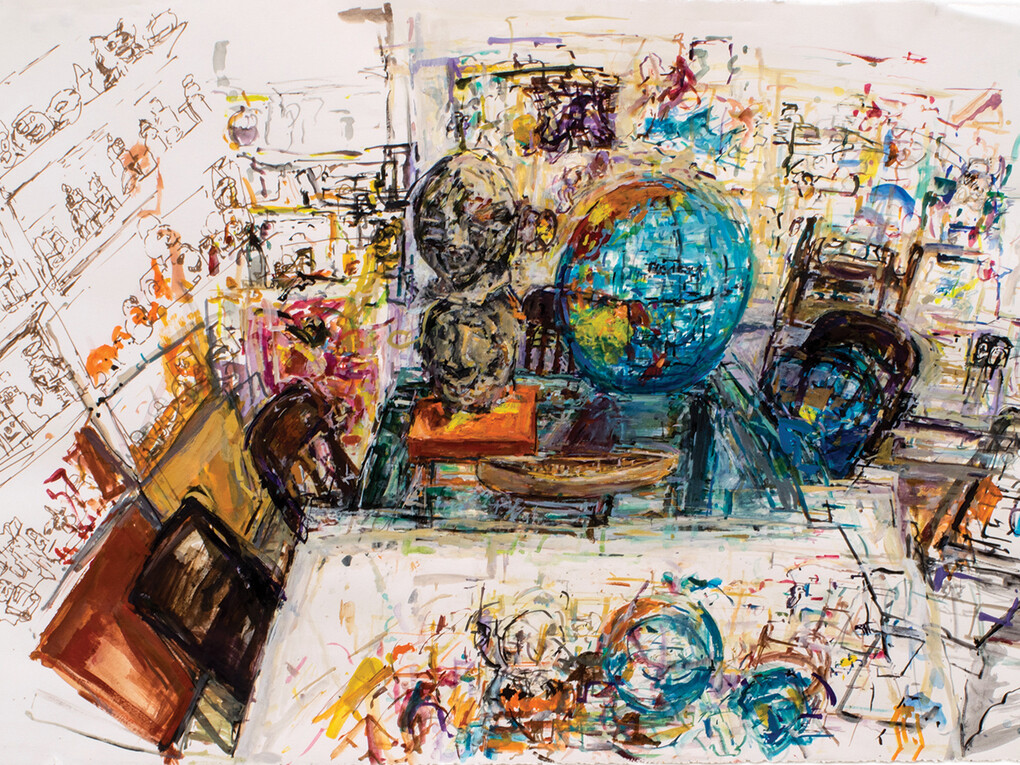 Globe and Double Heads, 2014, Acrylic on paper,
30 x 44 inches