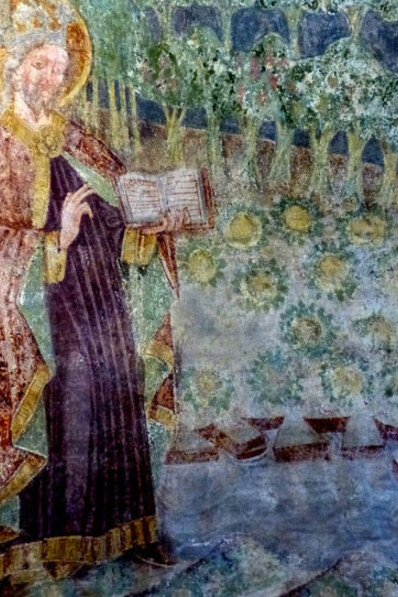 Iglesia de la Santísima Trinidad - Fresco (1475) de Juan de Kastv que muestra escenas del libro del Génesis: Dios creó las plantas. Hrastovlje, Slovenia