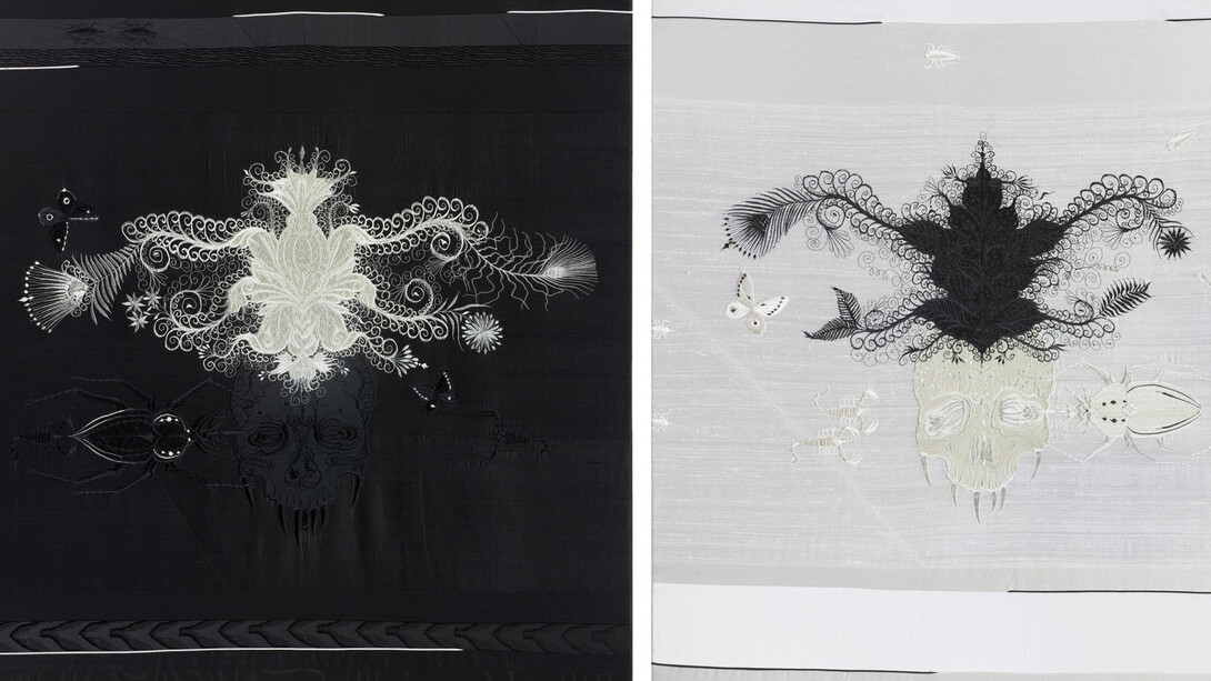 Angelo Filomeno, Amulet (Black and White), 2012, ricamo e cristalli su seta applicata su lino, cm 102,2x 75,6. Courtesy of Galleria Giovanni Bonelli 