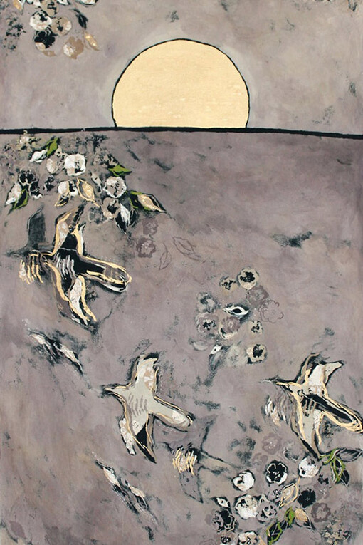 Nicola Henley, Cuckoos at Dawn, screen printed textile with atich and applique, 135 x 78 cm