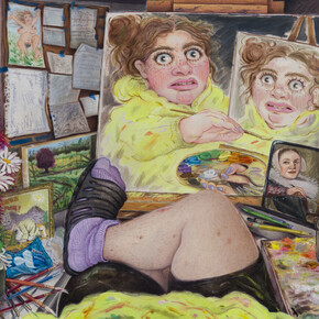 Rebecca Morgan, Self-Portrait Painting Myself Painting Myself, 2023, oil on canvas, 24x30 inches, photo by Etienne Frossard. Courtesy the artist and Asya Geisberg Gallery, NYC