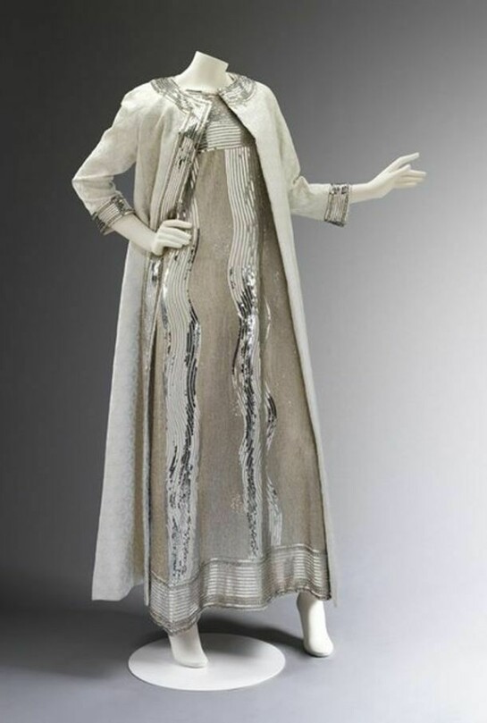 Evening dress of embroidered net and matelasse coat, 1966, Mila Schön, Courtesy Maison Mila Schön, Photo © Victoria and Albert Museum, London