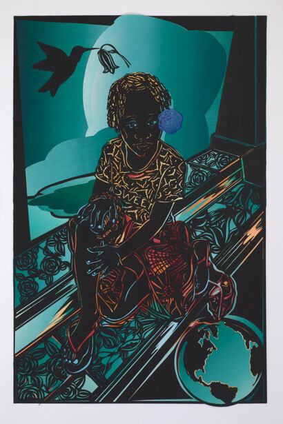 Barbara Earl Thomas (American, b. 1948), "Girl and the World," 2022, Paper cut with hand-printed color. Courtesy of Claire Oliver Gallery, New York, and the artist. Photography by Spike Mafford / Zocalo Studios