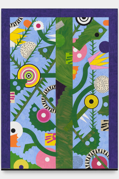 David Korty,
First Fig, 2024. 
Flashe, pencil, ink, hahnemuhle paper, and collage on cotton 
canvas 
cantera stone, ceramic, 
72 x 52 in (182.9 x 132.1 cm). Courtesy of the artist and Night Gallery  