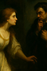 A haunting 18th-century-style painting of a grieving woman beside a midnight bell, symbolizing the tragic consequences of suspicion and false judgment