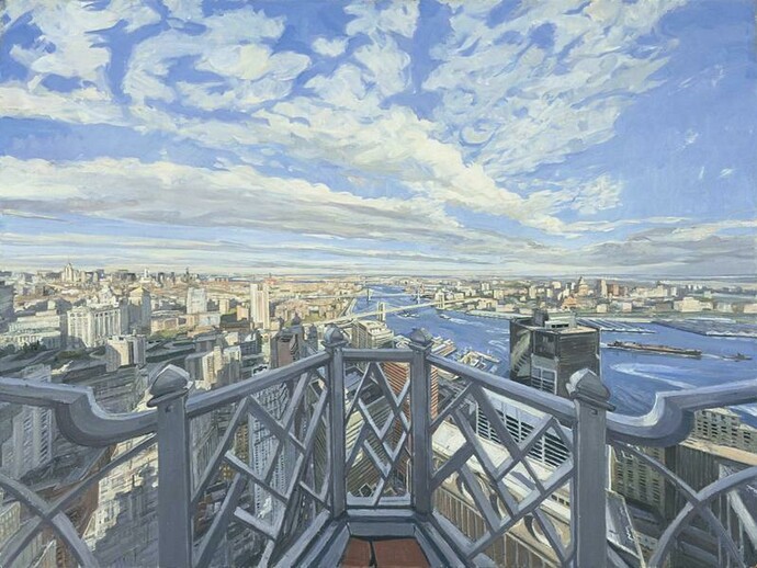 John Wonnacott, New York: Looking to Brooklyn Bridge, 2000-2002, Oil on board, 26 x 48 in (92 x 122cm)