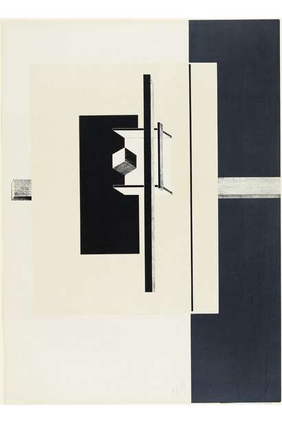 El Lissitzky, 1o Kestnermappe Proun [Proun. 1st Kestner Portfolio], Published 1923, Portfolio of 6 lithographs (two with collage), cover & title page
60 × 40 cm, sheet 6: 44 × 60 cm, Scottish National Gallery of Modern Art, Edinburgh © the Artist. All rights reserved