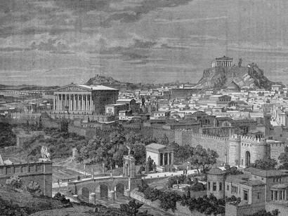 Atenas antigua, reconstrucción incluida en "La ilustración popular" (Josef Bühlmann, 1897)