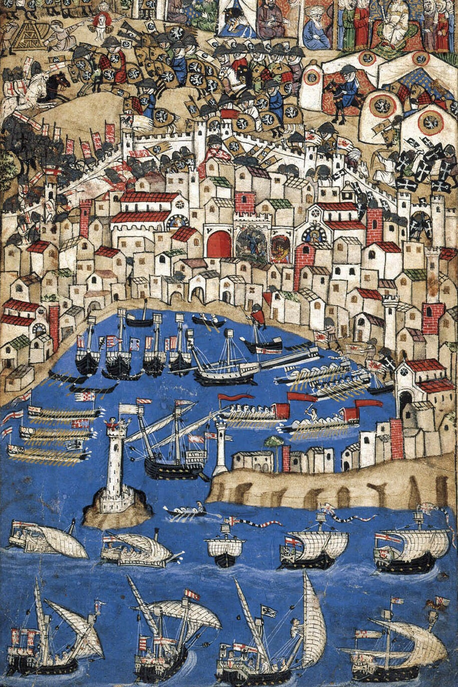 Ignoto miniatore del secolo XIV, Assedio di città, Ultimo quarto del XIV secolo, Miniatura, inchiostro e acquarelli su pergamena, Firenze, Museo Nazionale del Bargello