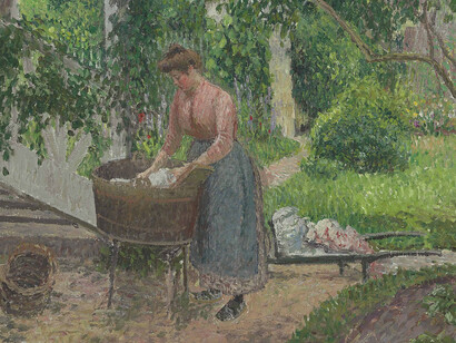 Lavar sin envenenar el cauce. Mover el lavado a un punto que no descargue directamente al río. Camille Pissarro (1830-1903). «Lavandera en el jardín d'Éragny». 1899, óleo sobre lienzo, colección privada
