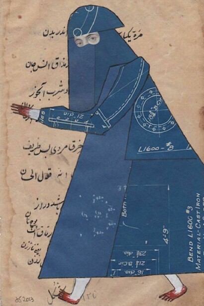 Deborah Barrett, Blue Burqa/Blue Madonna #2, 2013, Ink, gouache on text, 10 7/8" x 6 1/4"