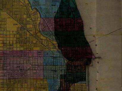 Map showing the path of the great Chicago fire in Chicago, USA