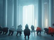People kneeling in front of a glowing smartphone, symbolising the loss of independent thought in the age of artificial intelligence