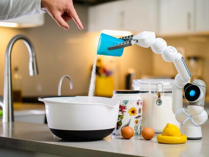 n AI robot cook pouring sugar into a bowl under the watchful eye of its human owner