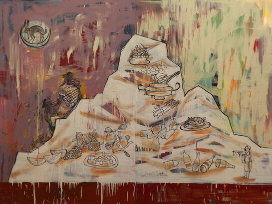 Jaune Quick-to-See Smith, Sissy and the Plutocrats, 2012, oil and acrylic on canvas, 72 x 96 inches