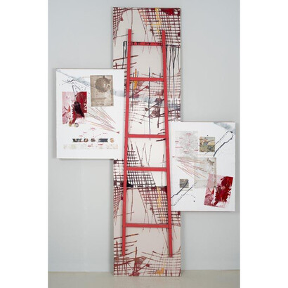 Lina Pigadioti, October, Going Upwards / Crossroads (2015), Mixed media (collage of print making techniques on cotton paper and wooden structure) on reboard, 148 x 227 cm