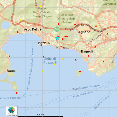 Evento 35846 del 20 maggio 2024 ore 18:10:03 UTC (20:10:03 locali). Ha coinvolto l'area flegrea con una magnitudo di 4.4. Immagine dell'Osservatorio Vesuviano, INGV