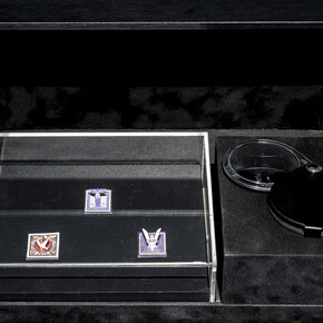 Vuelos endémicos II (4) / Endemic flights II (4) 
2016, Installation, Three hand cut stamps: one old stamp United States Postage 1942, one old stamp Third Reich 1938, one recreation of the Basel Dove Stamp 2016, methacrylate, wood, magnifying glass, leather and velvet box, 18 x 33.7 x 9.3 cm (closed). Courtesy Galleria Continua, San Gimignano / Beijing / Les Moulins / Habana
Ph Ela Bialkowska, OKNO studio