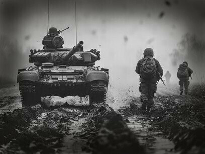 Tanque de guerra e soldados. Os que sobreviverem a esta época vão ser tão zelosos na busca da paz como foram os que viveram no início da actual época da apostasia. Depois de séculos de aprofundamento da interdependência entre países, a paz terá de começar pela multipolaridade do mundo. Foi assim que esta época começou; e termina porque abandonou a convivência multipolar e está a insistir perigosamente na dominação unipolar imperial. Todos os sinais de multipolaridade serão sinais de paz