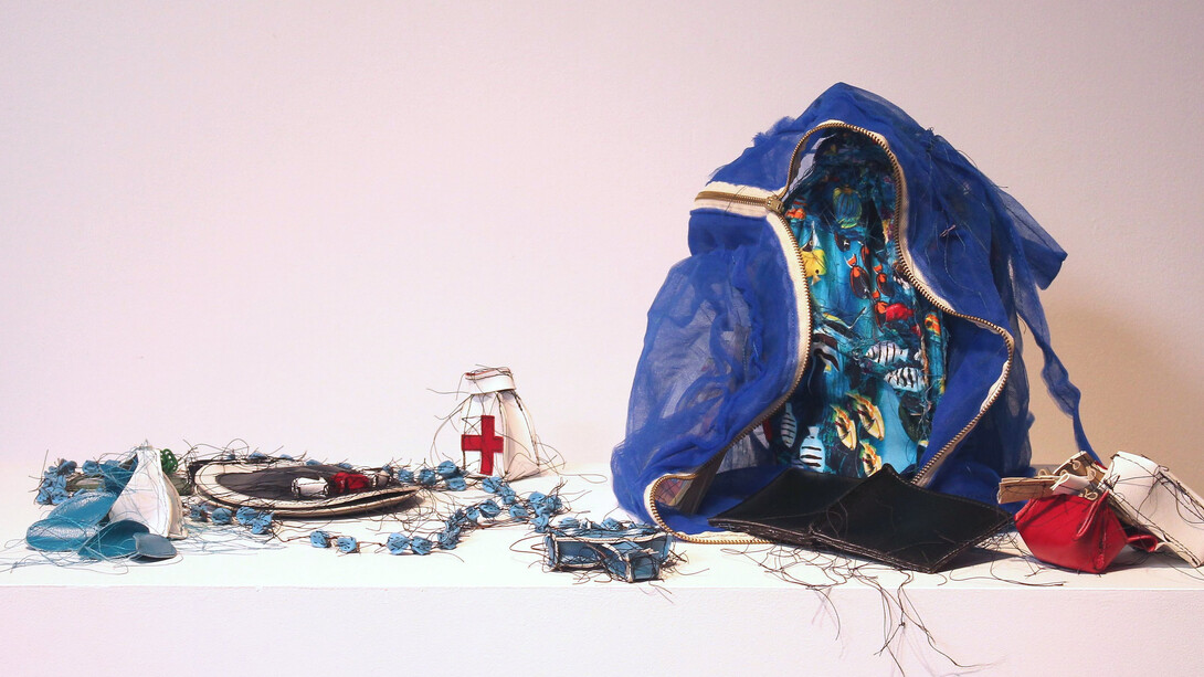 Margarita Cabrera, Backpack (Blue), 2006, Vinyl thread and various items