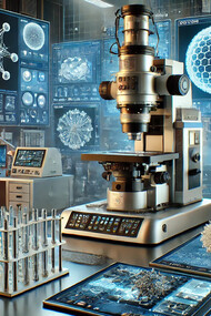 Advanced Scanning Electron Microscope (SEM) in a high-tech laboratory, showcasing its capabilities in nanoscale imaging and material analysis across various scientific fields