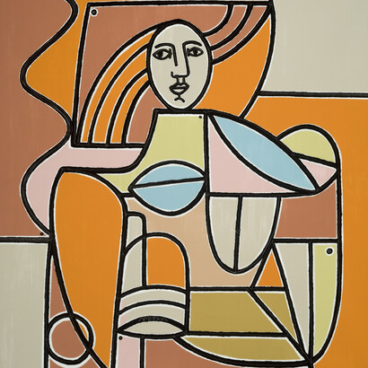 America Martin, Woman in Orange & Tan, Oil & Acrylic on Canvas, 54 × 51 in, 137.2 × 129.5 cm. Courtesy of Joanne Artman Gallery