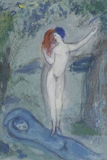 Marc Chagall, Le baiser de Chloé, 1954–1956. Mine graphite, gouache et aquarelle sur papier, 42 x 32 cm © Musée National d’Art Moderne, Centre Pompidou, Paris (photo : Philippe Migeat) © ADAGP, Paris 2017
