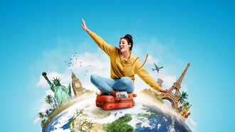 Captivating image of a female traveler seated atop the world, framed by iconic city landmarks, showcasing global exploration and adventure
