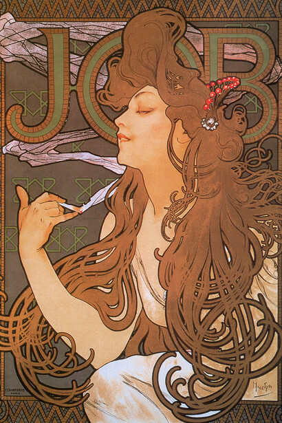 Alfons Mucha, Plakat für die Zigarettenmarke Job, 1896. Farblithografie, 66,7 x 46,4 cm. The Mucha Trust Collection