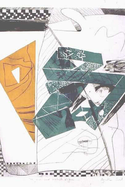 Agathe Sorel, The Wise and Foolish Virgin, 1966. Line engraving, aquatint, hammered brass, photogravure & plastic engraving, printed in black, blue & yellow, 780 x 600 mm