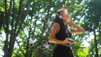 A woman posing outdoors, surrounded by nature, embodying the principles of personal growth and the Japanese philosophy of Oubaitori