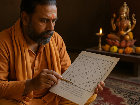 A Hindu priest studies a Vedic astrology chart by lamplight, reflecting the ancient Indian tradition of aligning human life with celestial rhythms