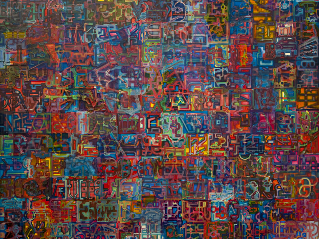 Phil Dobson, Gardening With Gutenberg, acrylic on board, 154 x 176 cm, © ArtMoorHouse