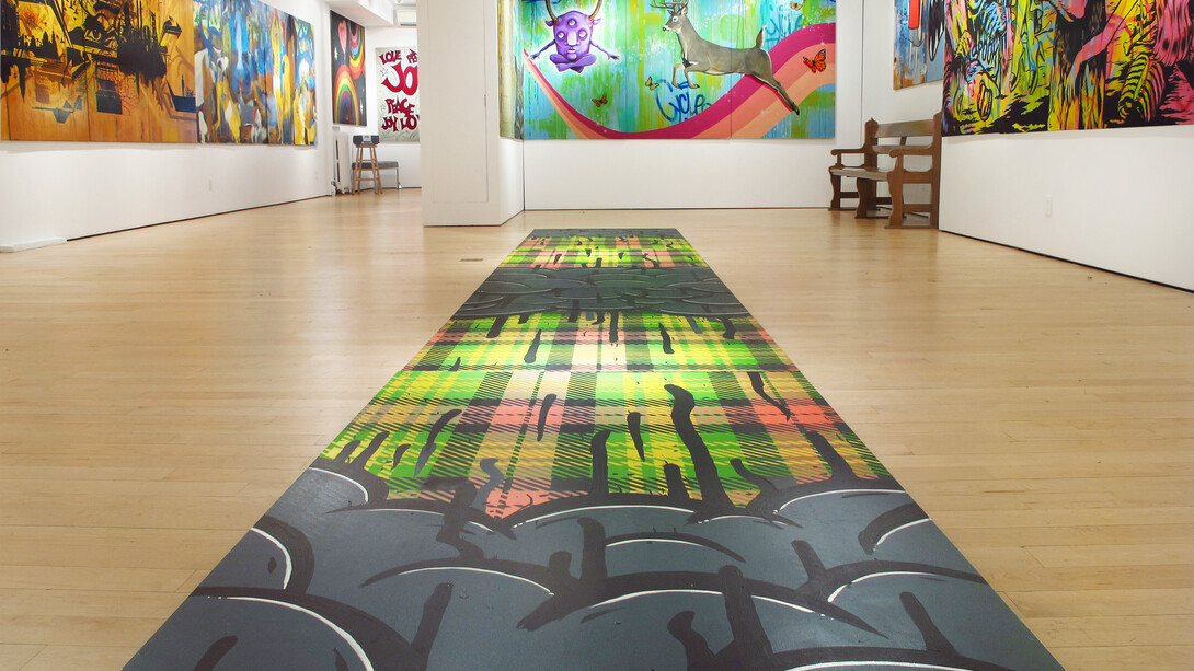 Installation view (left-right): UR New York, Eye of the Beholder; Thomas Buildmore, WHERE DO WE COME FROM WHAT ARE WE WHERE ARE WE GOING; Gabrielle Specter & Diana Garcia, Sin Nobre; Terence Netter, Peace, Joy, Love, Hope; Cycle, Forest Spirit; Chris RWK, Those Summer Daze; L'Amour Supreme, Ghost Crypt; Darkcloud and David Pappaceno, Raining on Your Plaid Parade (located on floor)