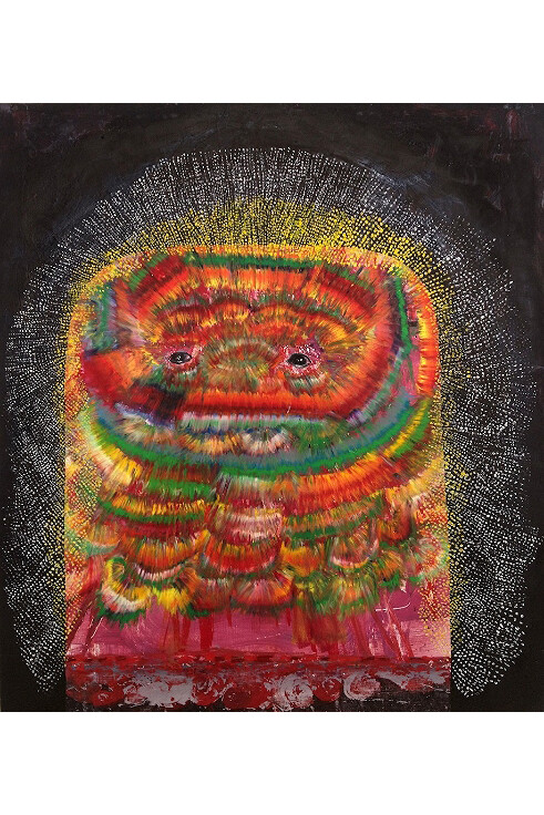 Mark DeLong, Mark DeLong, 2014, acrylic paint, paper, leaves and resin on newspaper, 15h x 13w in.