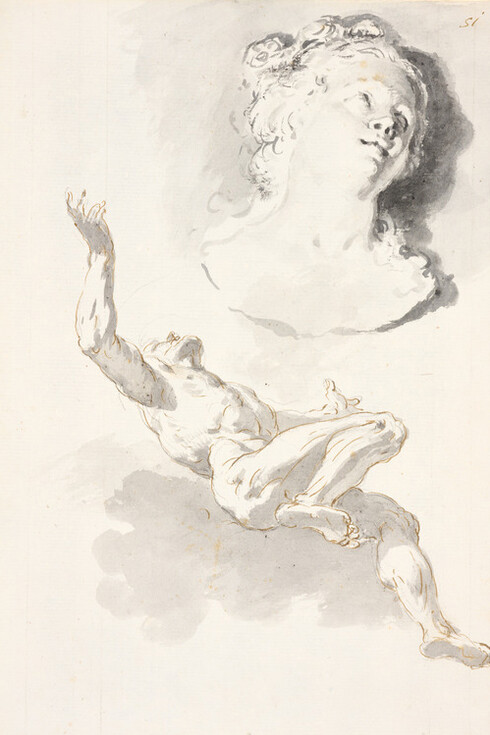 Francesco Fontebasso, Male nude floating upward, his arms outstretched; a bust of a young woman (detail), 1735–1740. Courtesy of De Young Museum