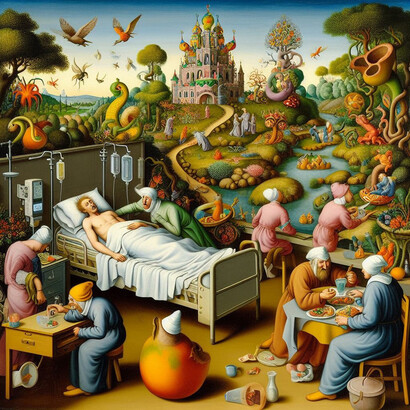 En un ambiente surreal, repleto de plantas y animales exóticos, un enfermo es atendido por varios médicos y herbolarios. Obra de los autores del artículo