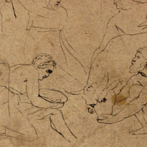 Peter Paul Rubens (Siegen 1577 – 1640 Antwerpen), Antike Opferszene (Das Ochsenopfer des Pausias), um 1618, Feder in Dunkelbraun, alte Montierung auf blauem Karton, Dauerleihgabe