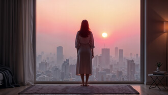 A woman watching the sun set over the city, representing pause as a form of strength