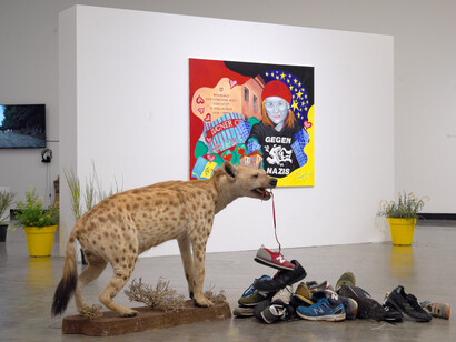 Opening: … of bread, wine, cars, security and peace, Kunsthalle Wien 2020, photo: © eSeL.at - Lorenz Seidler: HC Playner, Turn a deaf ear to shoes for white people, 2017, courtesy Burschenschaft Hysteria