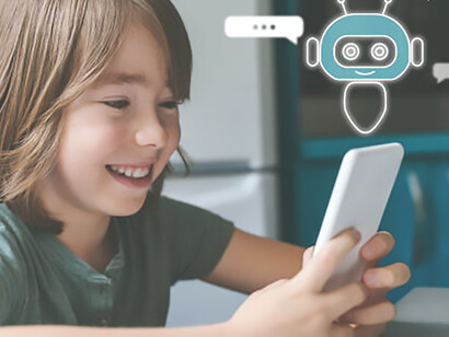 Engaged in a futuristic technology experience, a child interacts with an AI chatbot system through a computer or mobile application, showcasing the advancements of artificial intelligence and virtual assistant technology